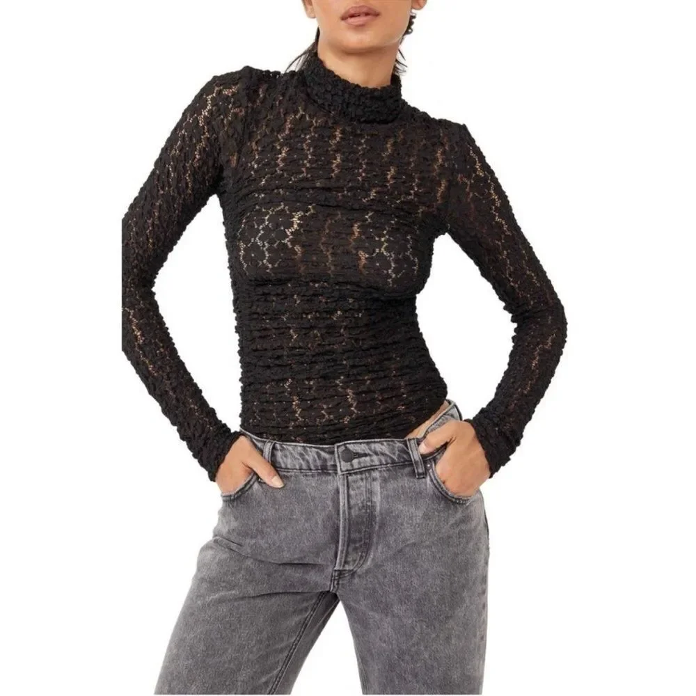 Free People NWT Intimately Free Lace Day and Night Bodysuit Black
